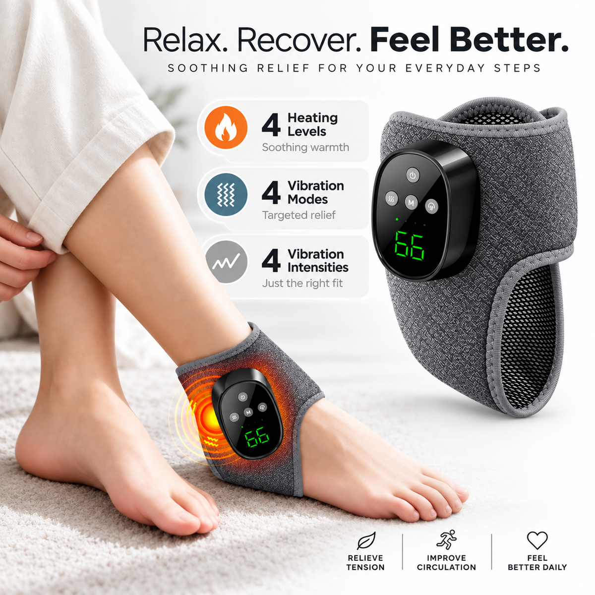 Heated Ankle Massager - 4 Heat Levels, 4 Vibration Modes & 4 Intensities